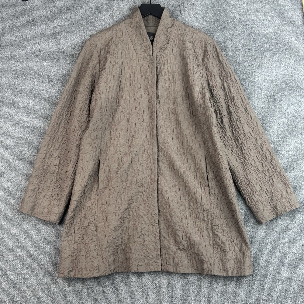 Eileen Fisher Jacket Womens L Brown Silk Crinkle Embroidered Longline Lagenlook